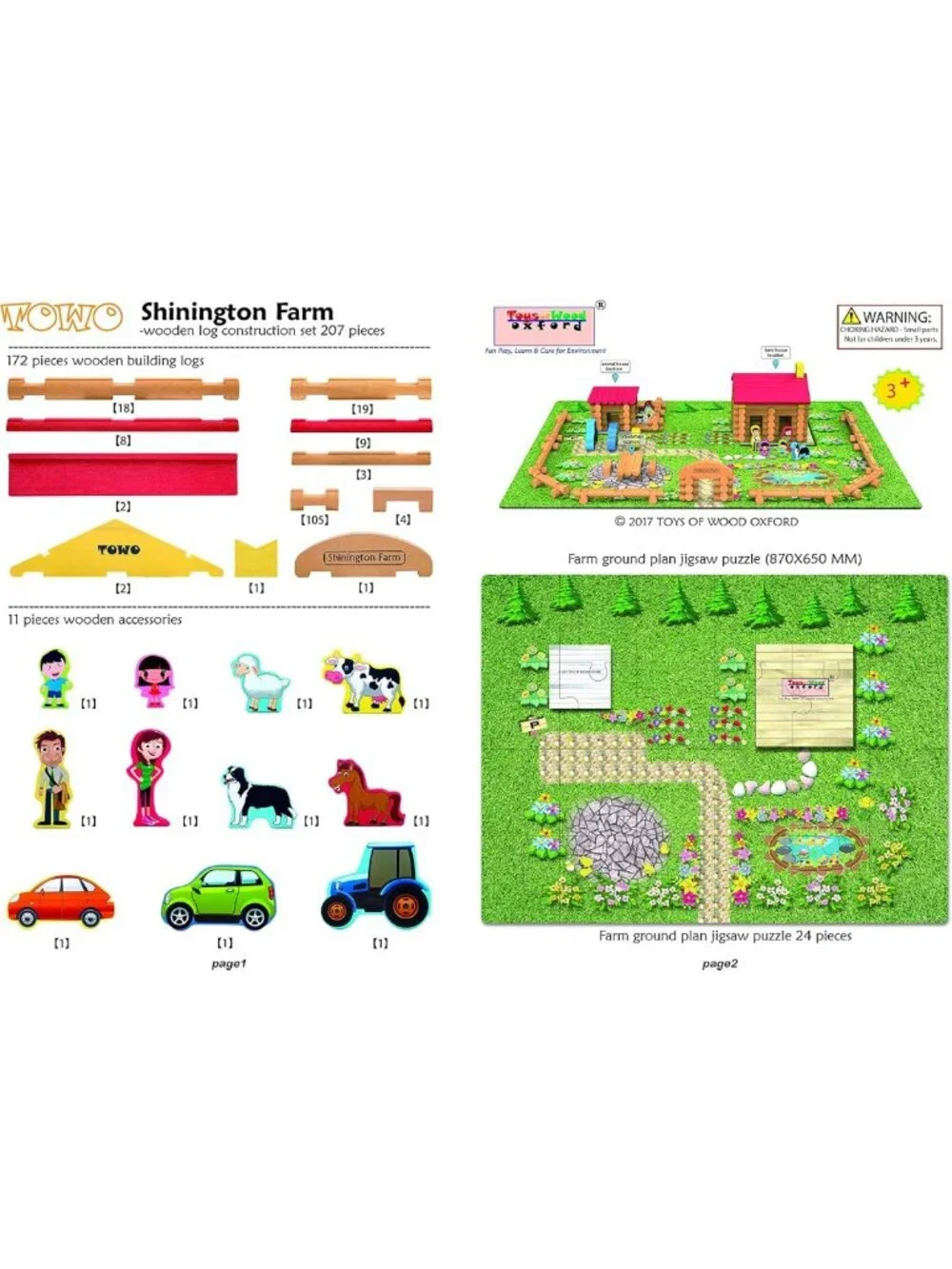 Wooden Log Building Set - 207-Piece Farmhouse Construction Toy for Kids